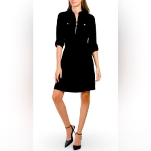 ANNE KLEIN 🍒SZ 2 XS🍒BLACK ZIP FRONT DRESS TABBED SLEEVES TIE WAIST GOLD ACCENT - Picture 1 of 16